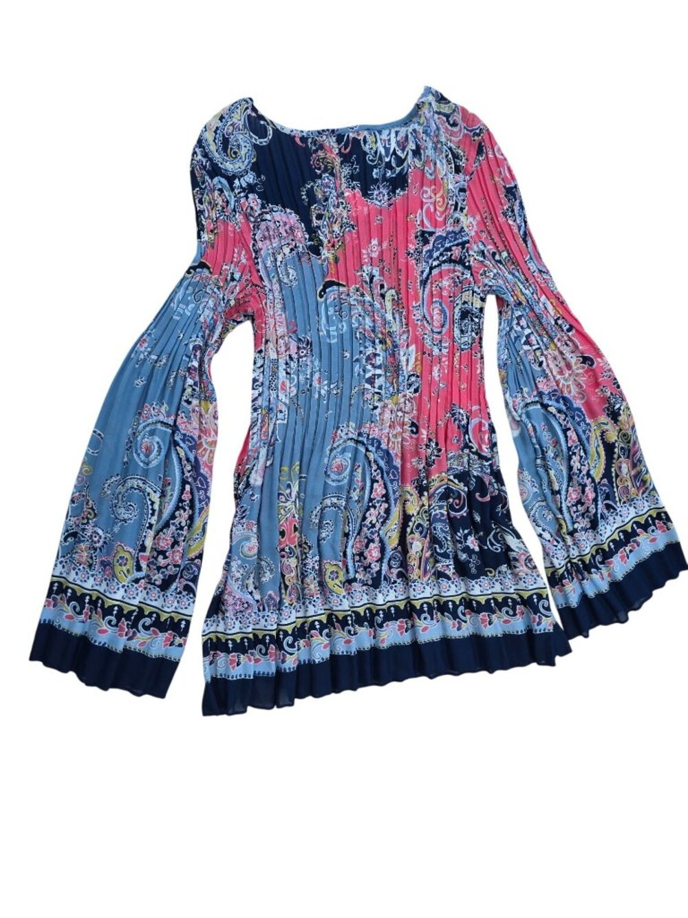 Melissa Paige Women's Paisley Bell Sleeve Pleated Multicolor Tunic Top Size M - Picture 2 of 6